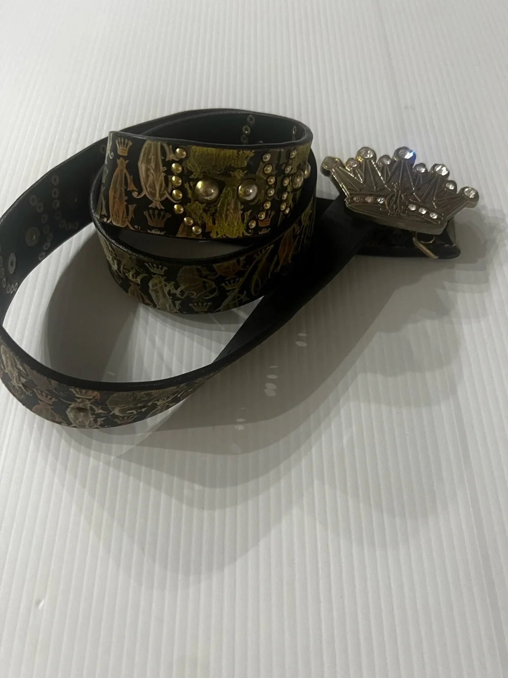 Rare Vintage Christian Audigier Rhinestone Crown Studded Leather Belt Y2K